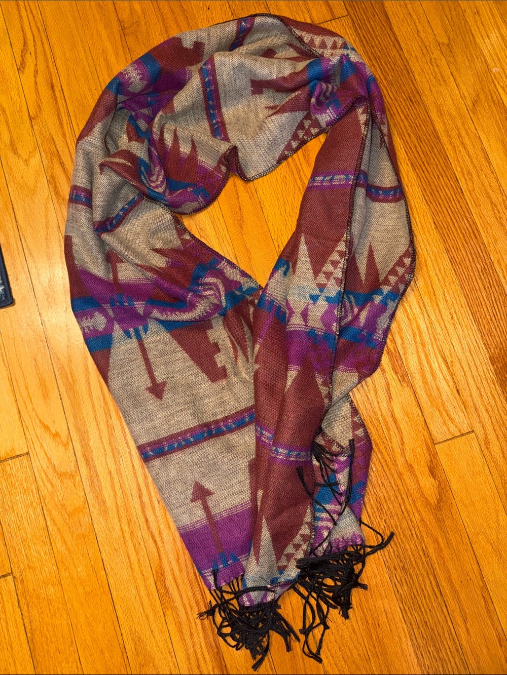 Women’s Aztec Pattern Fringe Scarf in Brown and Purple